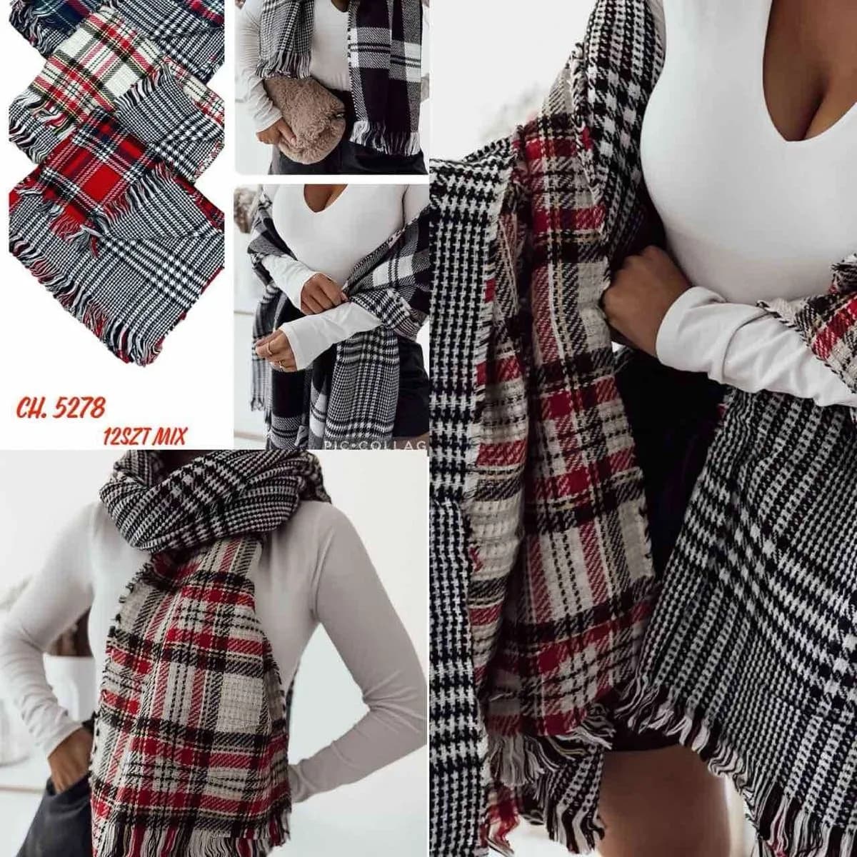 Szaliki damskie w kratę CH 5278 Mix 12 szt