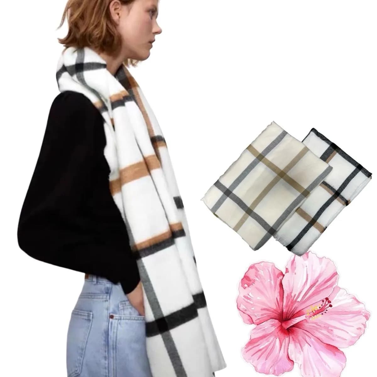 Szal damski w kratę biało-brązową