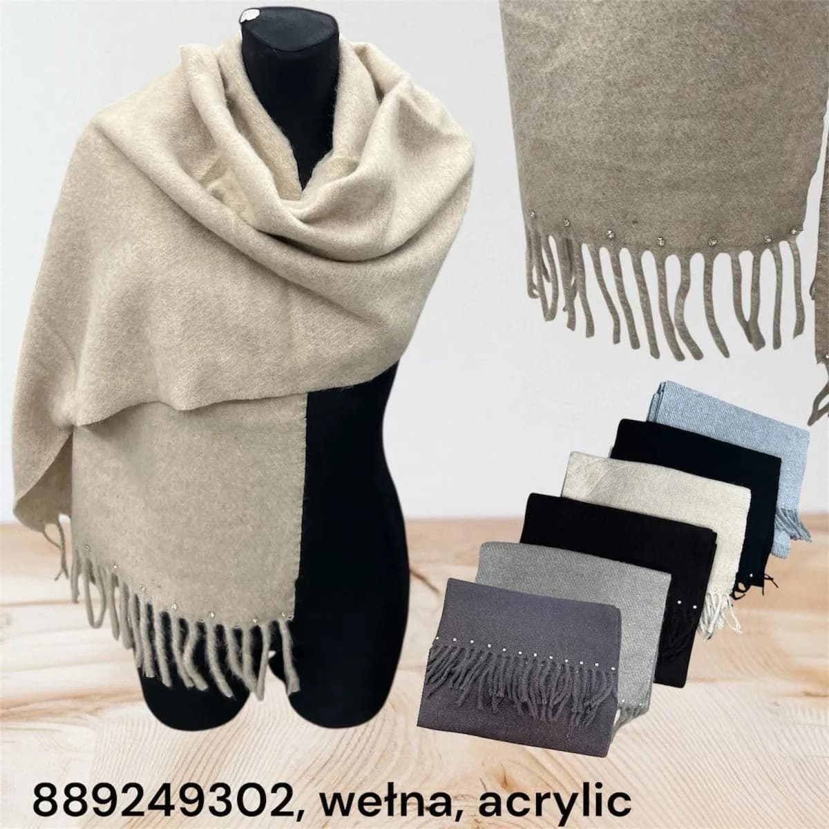 Szaliki damskie z frędzlami beżowe i szare, akryl