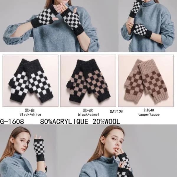 Rękawiczki damskie bez palców wzór szachownica 80% akryl