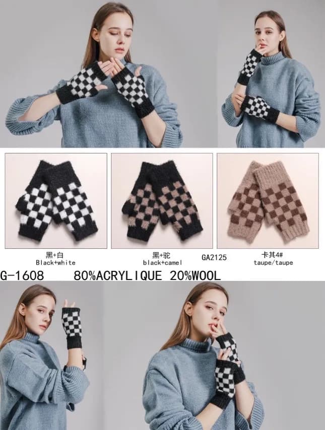 Rękawiczki damskie bez palców wzór szachownica 80% akryl