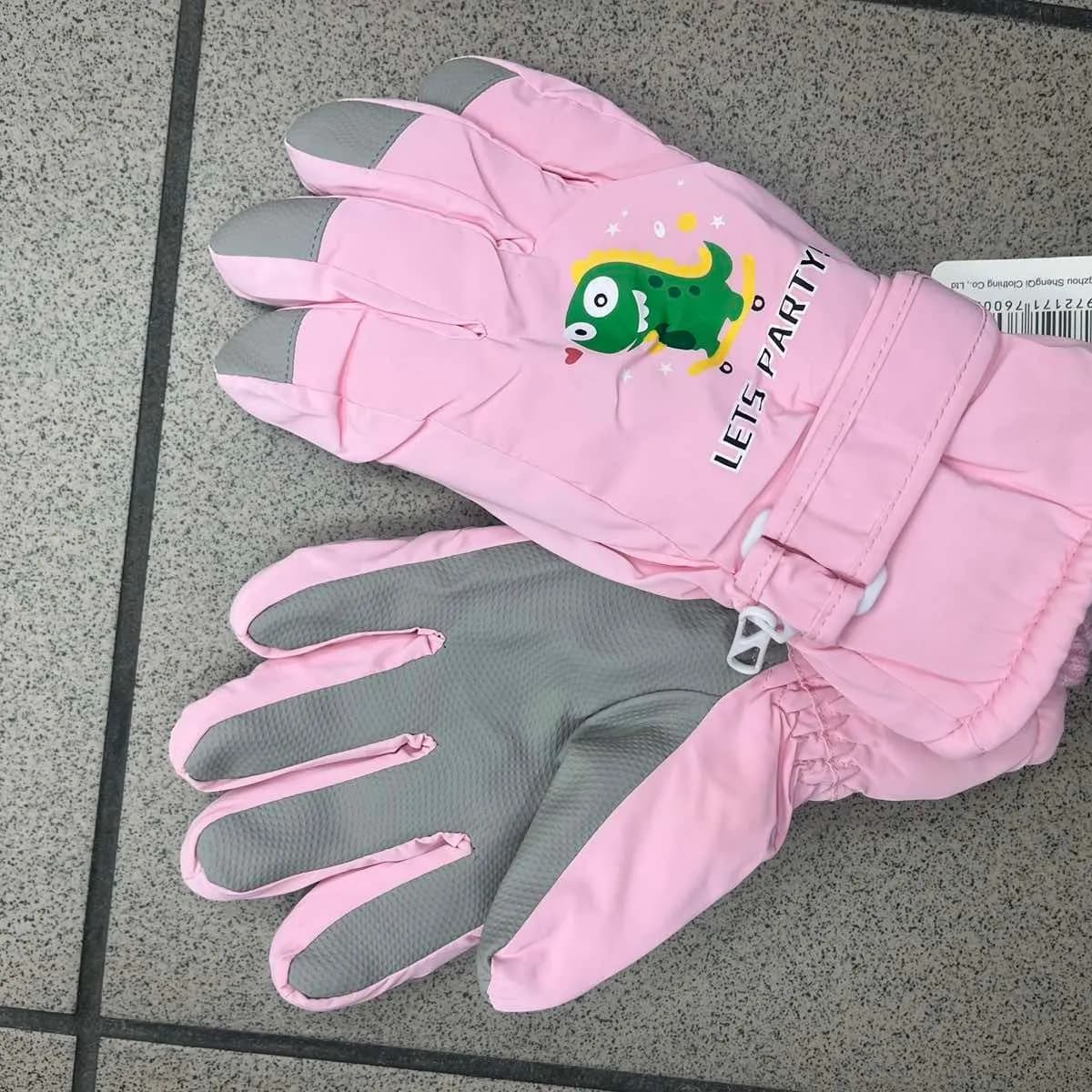 Rękawiczki narciarskie damskie różowe z dinozaurem