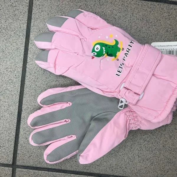 Rękawiczki narciarskie damskie różowe z dinozaurem