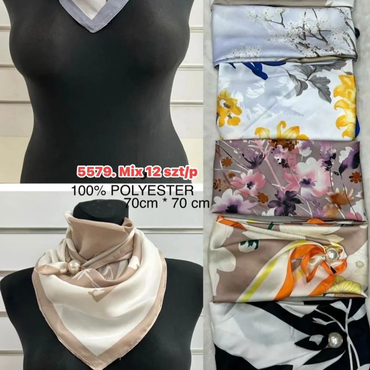 Chusta Damska 100% Poliester 70x70cm Mix 12 szt