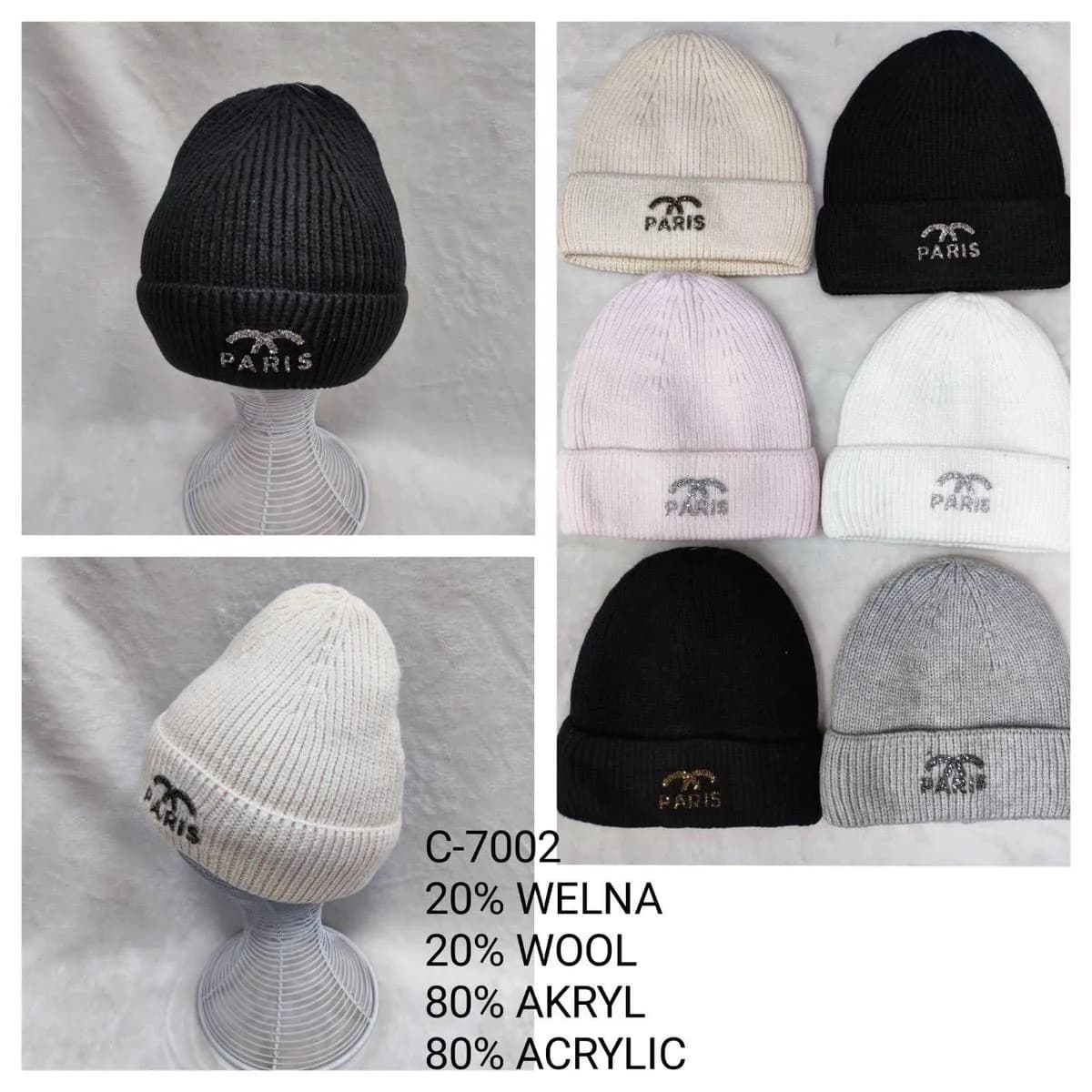 Czapki damskie beanie PARIS C-7002, 20% wełna 80% akryl
