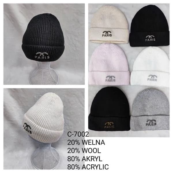 Czapki damskie beanie PARIS C-7002, 20% wełna 80% akryl