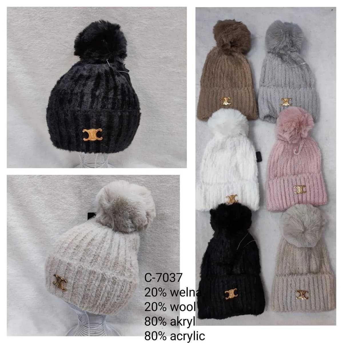 Czapki damskie z pomponem 20% wełna 80% akryl C-7037