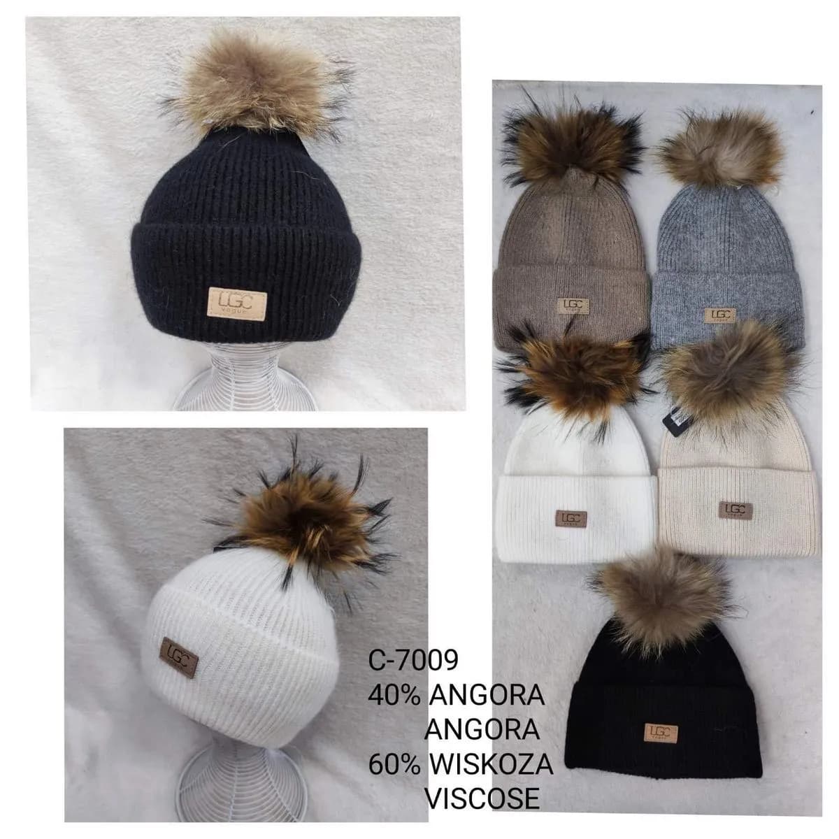 Czapki damskie z pomponem 40% angora 60% wiskoza C-7009