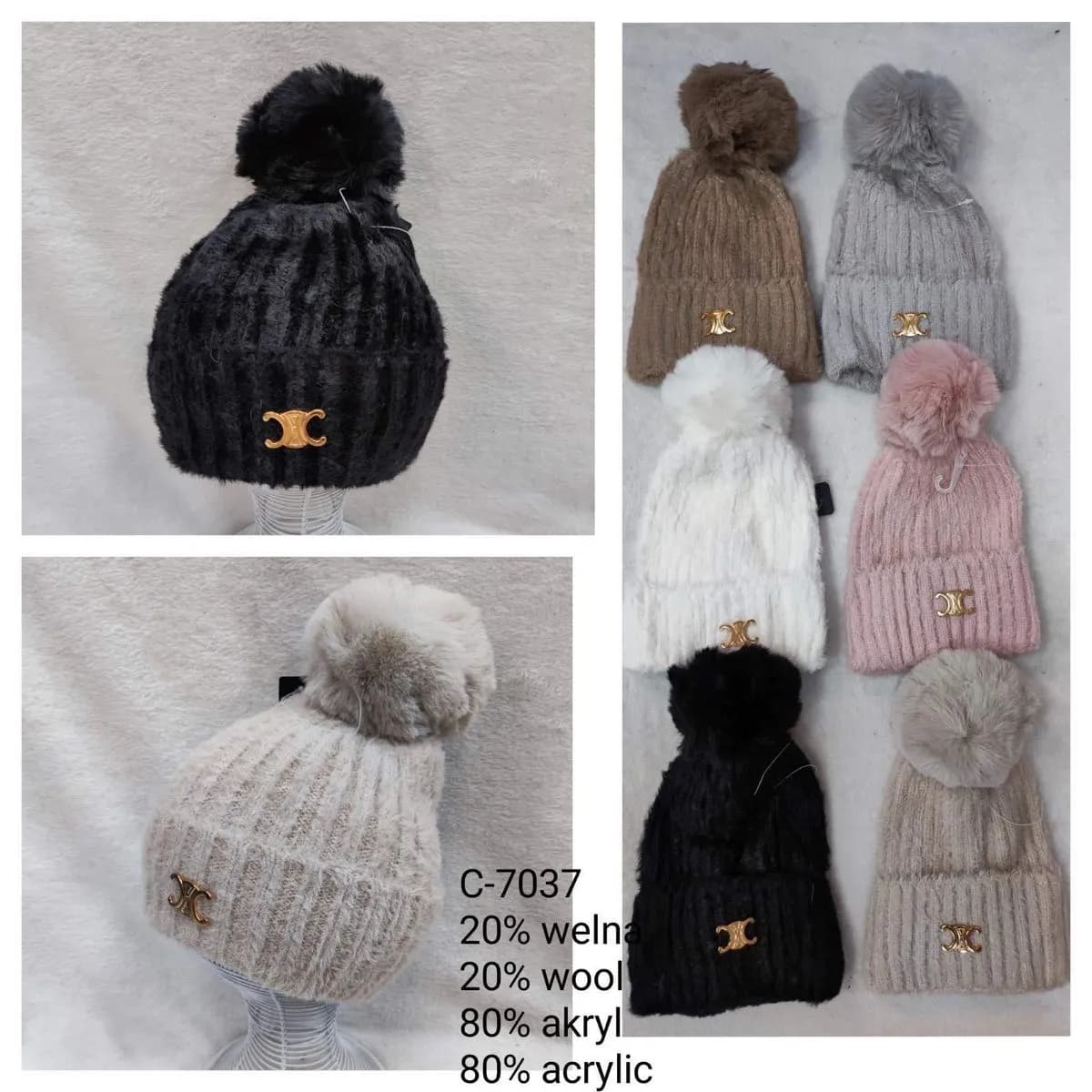 Czapki damskie z pomponem 20% wełna 80% akryl C-7037