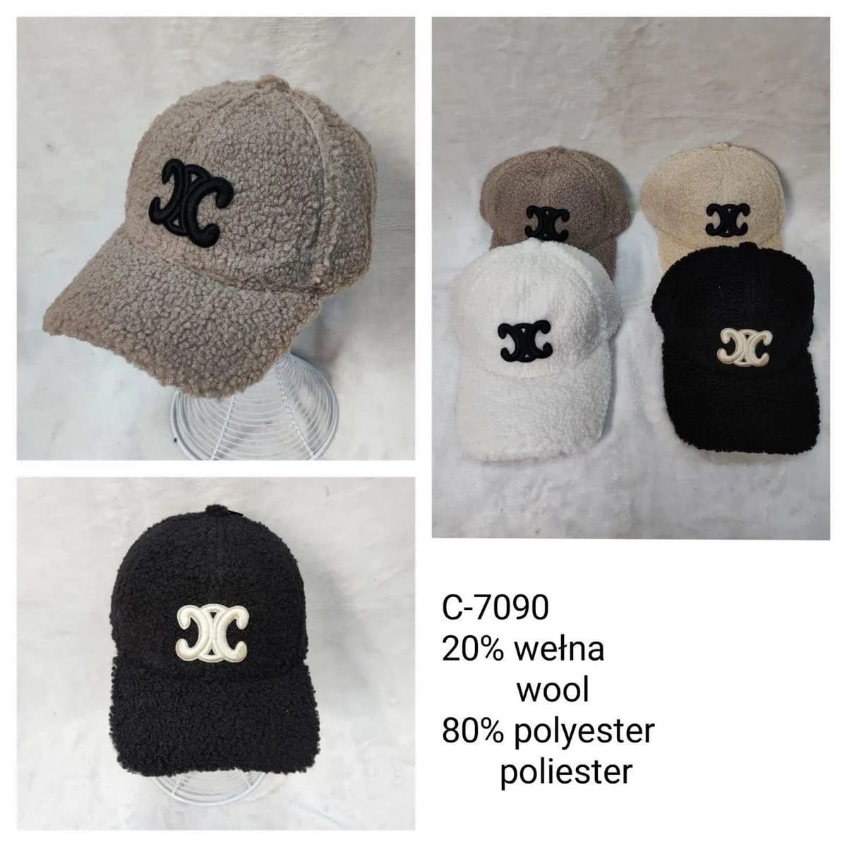 Czapki damskie futrzane 80% poliester 20% wełna C-7990