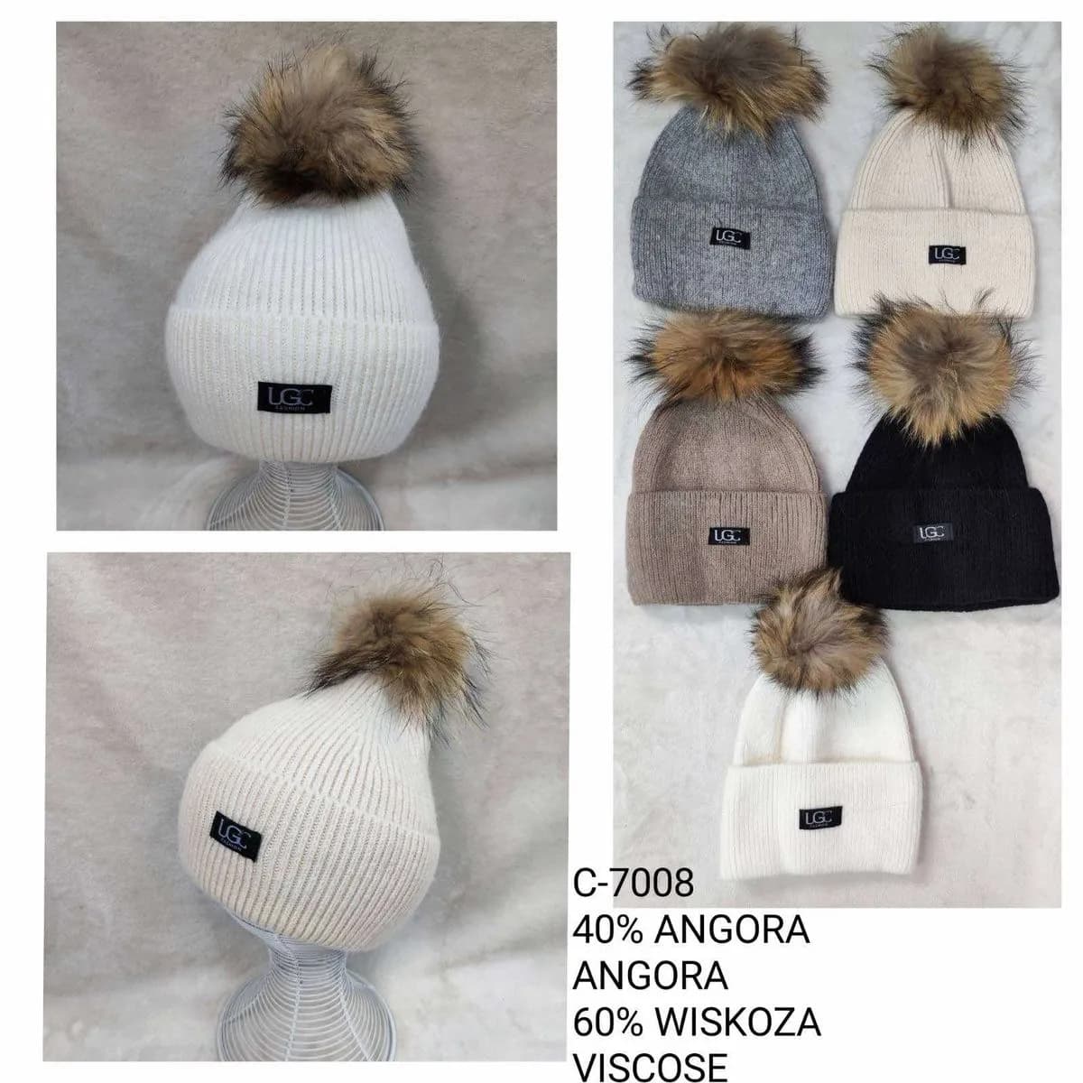 Czapki damskie z pomponem 40-70% angora C-7008