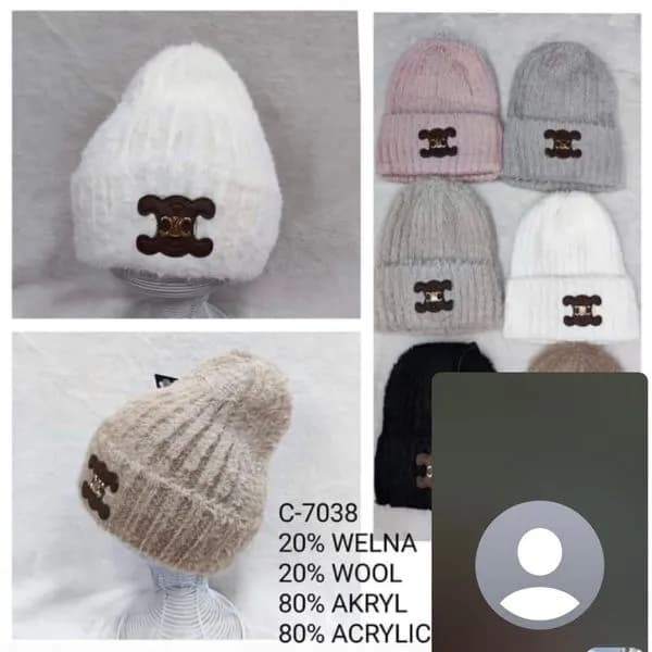 Czapki damskie dzianinowe 20% wełna 80% akryl C-7038