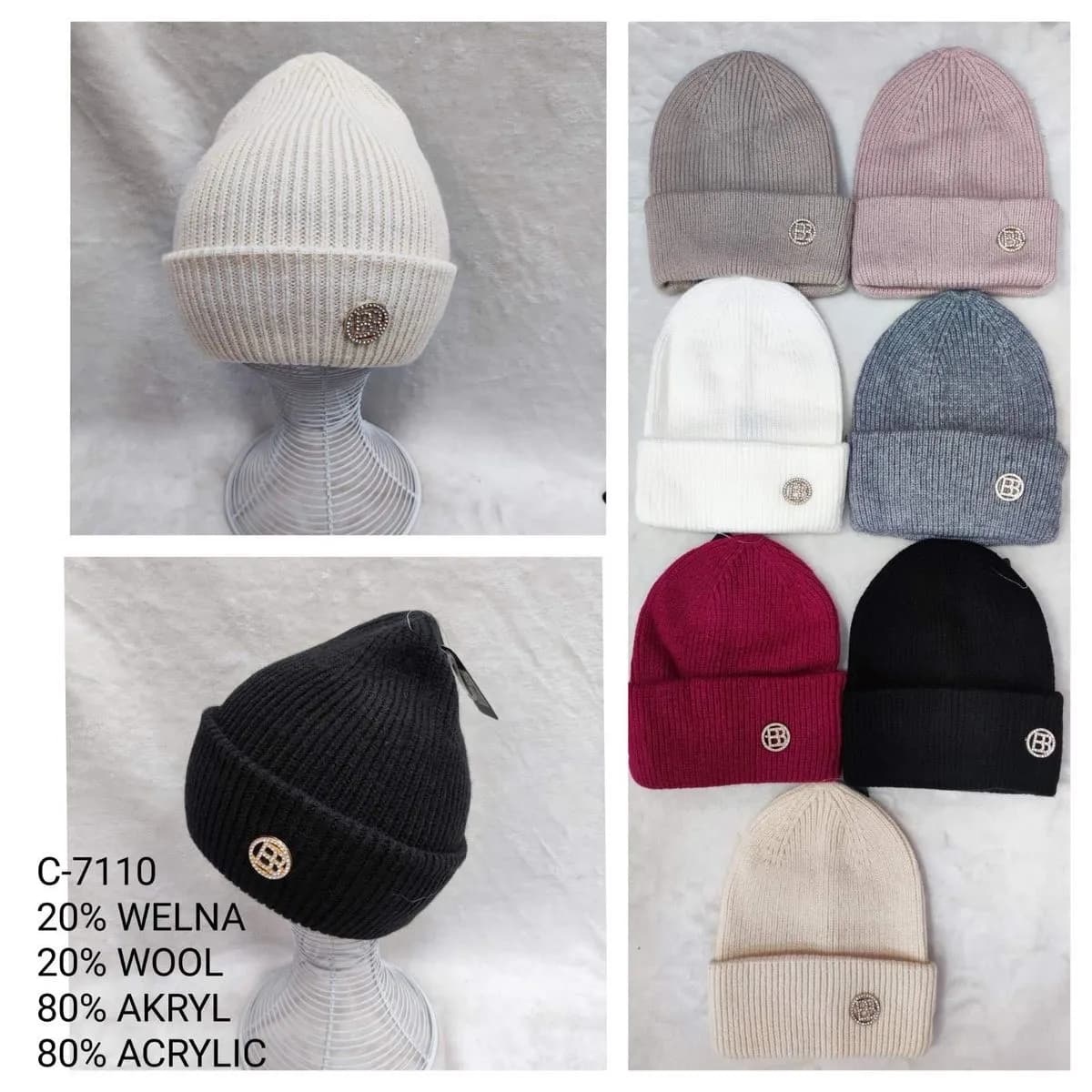 Czapki damskie beanie 20% wełna 80% akryl