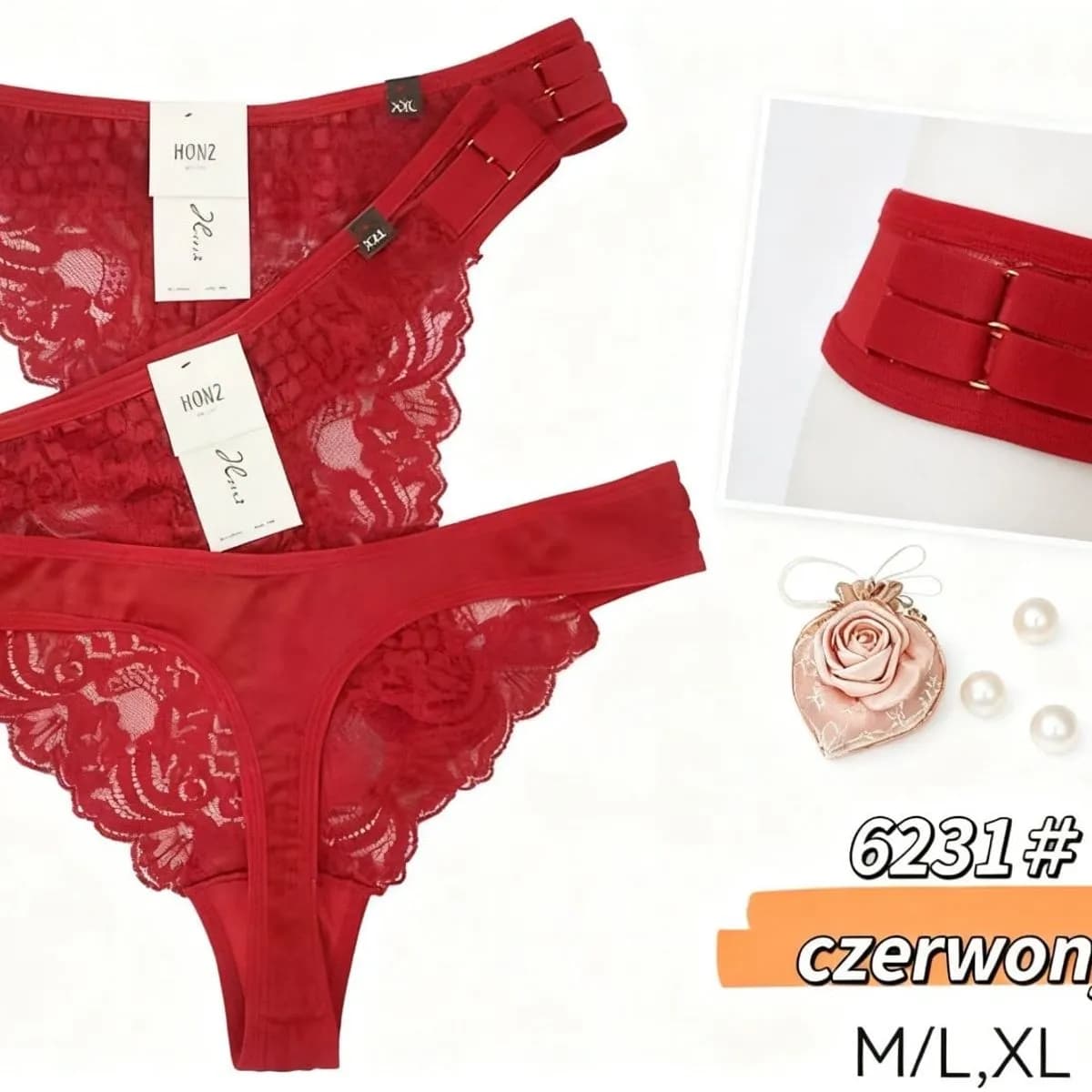Majtki damskie koronkowe czerwone M/L/XL 6231#