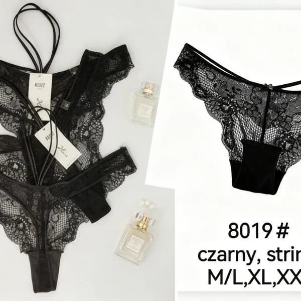 Czarne stringi damskie koronkowe M/L XL XXL 8019