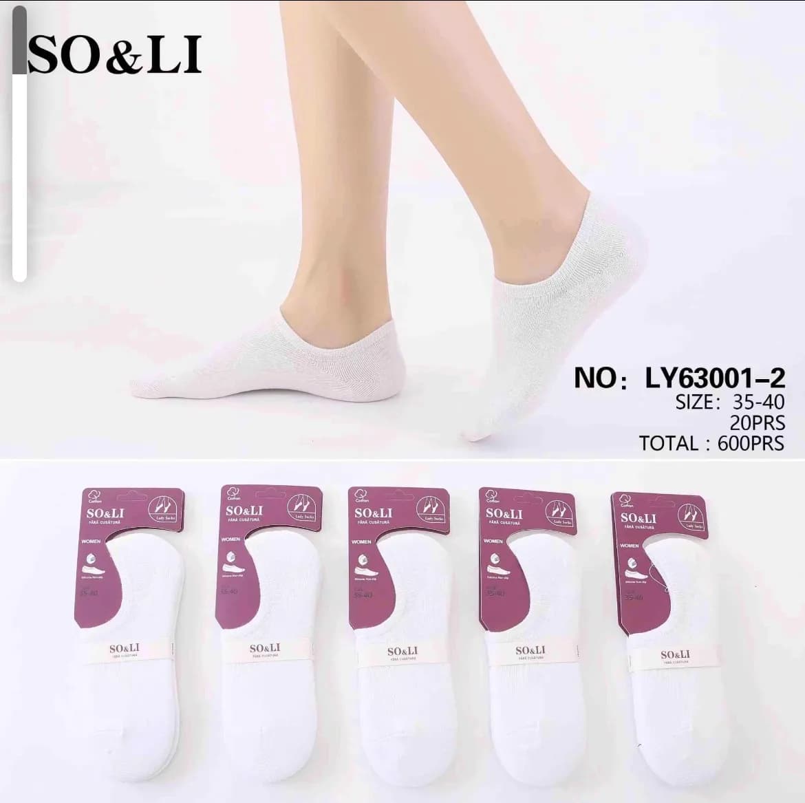 Skarpetki damskie SO&LI białe LY63001-2 35-40, 20prs/op