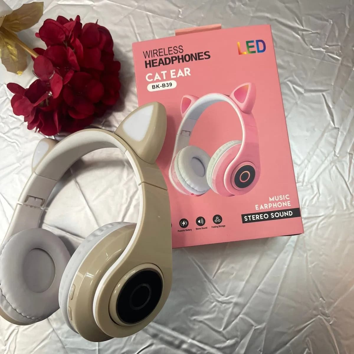 Słuchawki bezprzewodowe Bluetooth LED Cat Ear beżowo-różowe