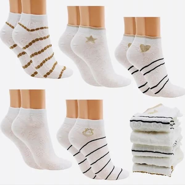 Skarpetki damskie stopki białe z złotymi wzorami