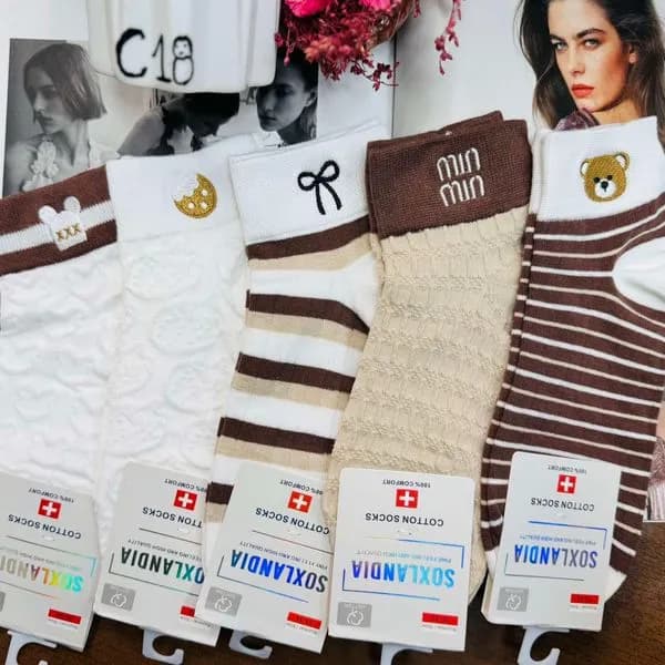 Skarpetki damskie bawełniane z misiem Miniso, 5 szt