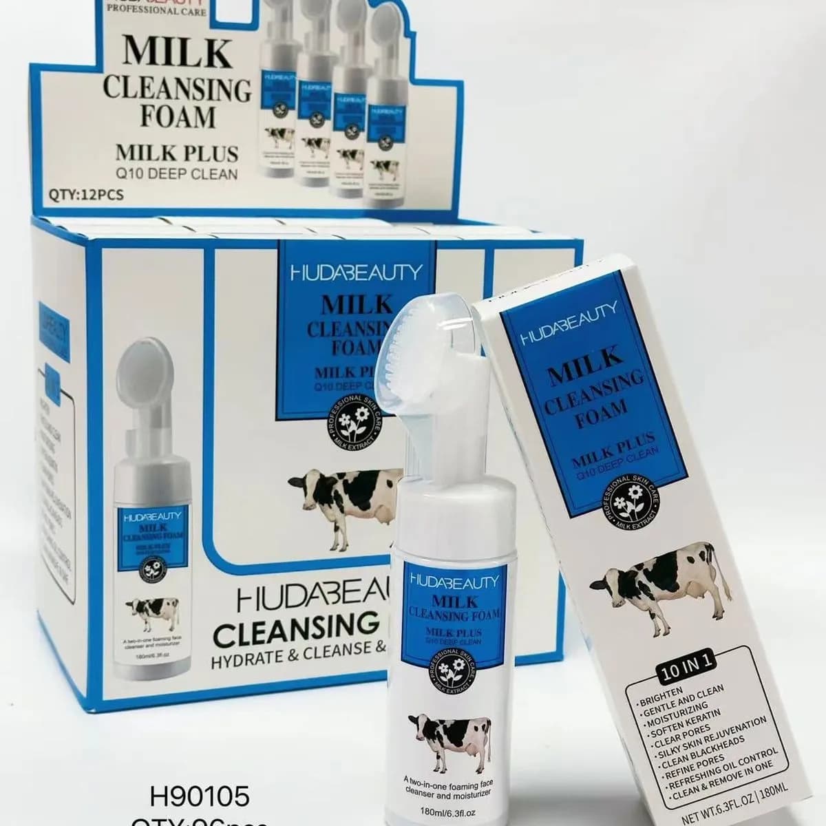 Pianka do mycia twarzy HUDABEAUTY Milk Plus 180ml z szczoteczką 12szt