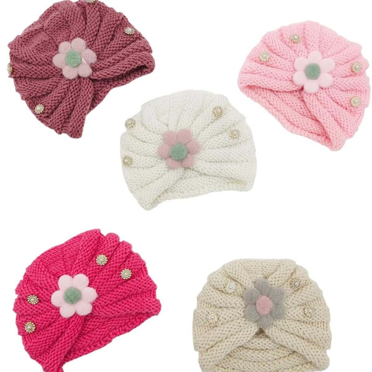 Czapki dziecięce dzianinowe z kwiatem, 5 kolorów