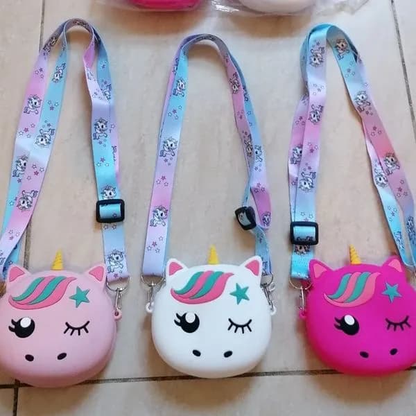 Brelok Silikonowa Torebka Jednorożec Różowy/Biały/Niebieski z Paskiem