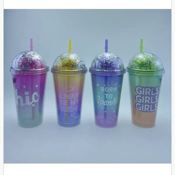 Butelka 450ml z rurką i brokatową pokrywką, mix wzorów