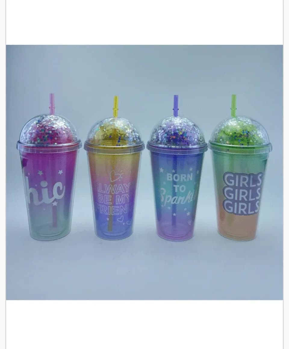 Butelka 450ml z rurką i brokatową pokrywką, mix wzorów