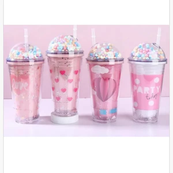 Butelka 450ml z rurką i ozdobną pokrywką z kuleczkami, różowa