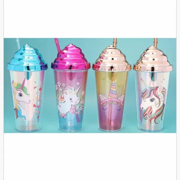 Butelka 380ml z rurką i pokrywką, wzór Jednorożec, mix kolorów