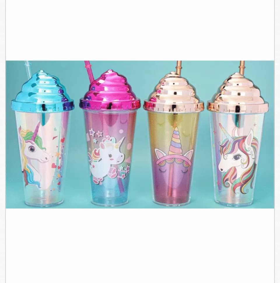 Butelka 380ml z rurką i pokrywką, wzór Jednorożec, mix kolorów