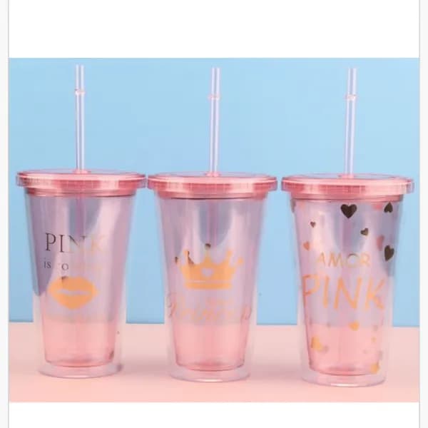 Butelka 450ml kubek z rurką i pokrywką, różowy mix wzorów