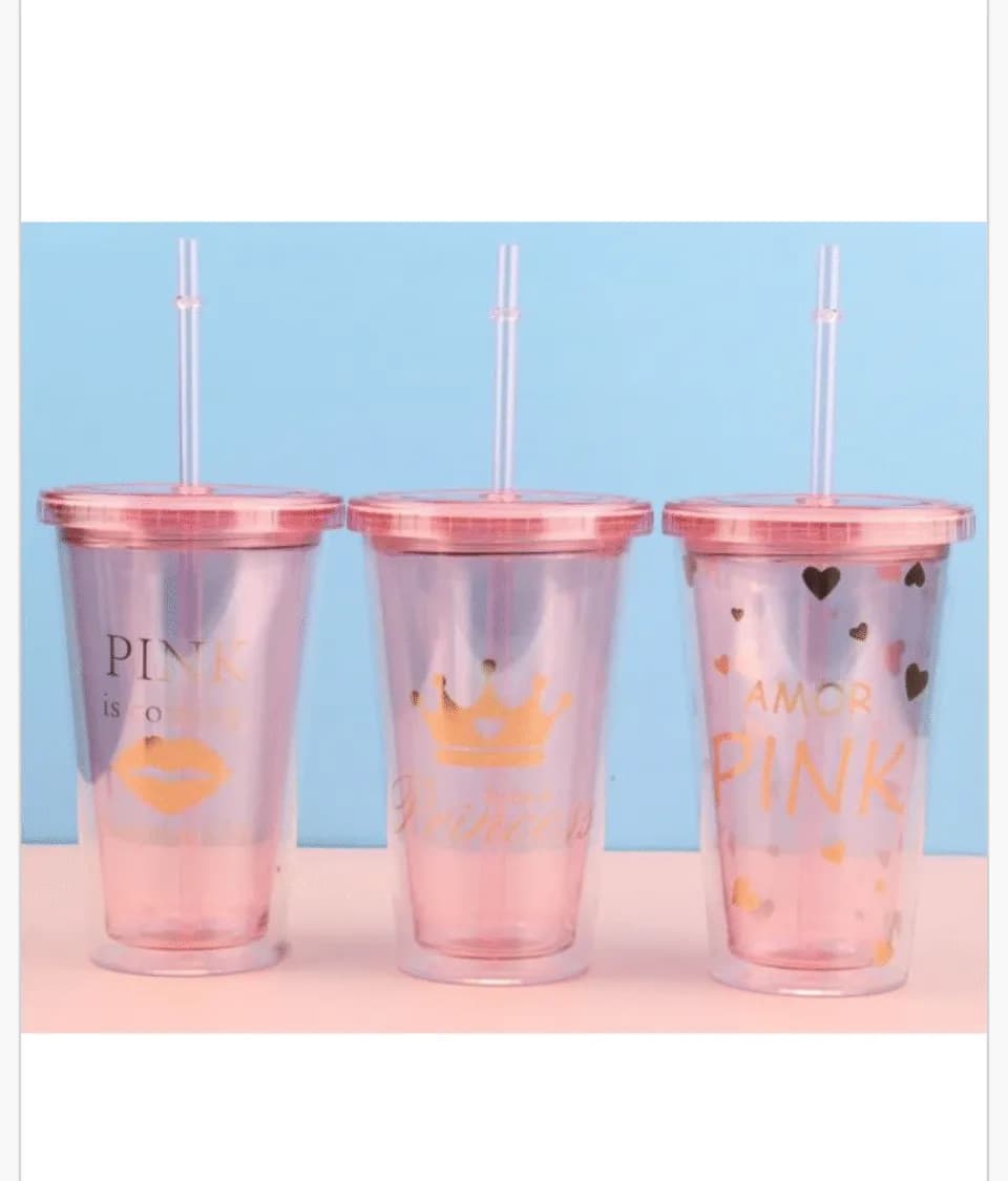 Butelka 450ml kubek z rurką i pokrywką, różowy mix wzorów