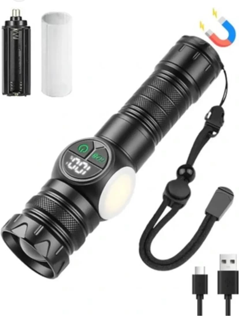 Latarka LED z wyświetlaczem, magnesem i USB, czarna