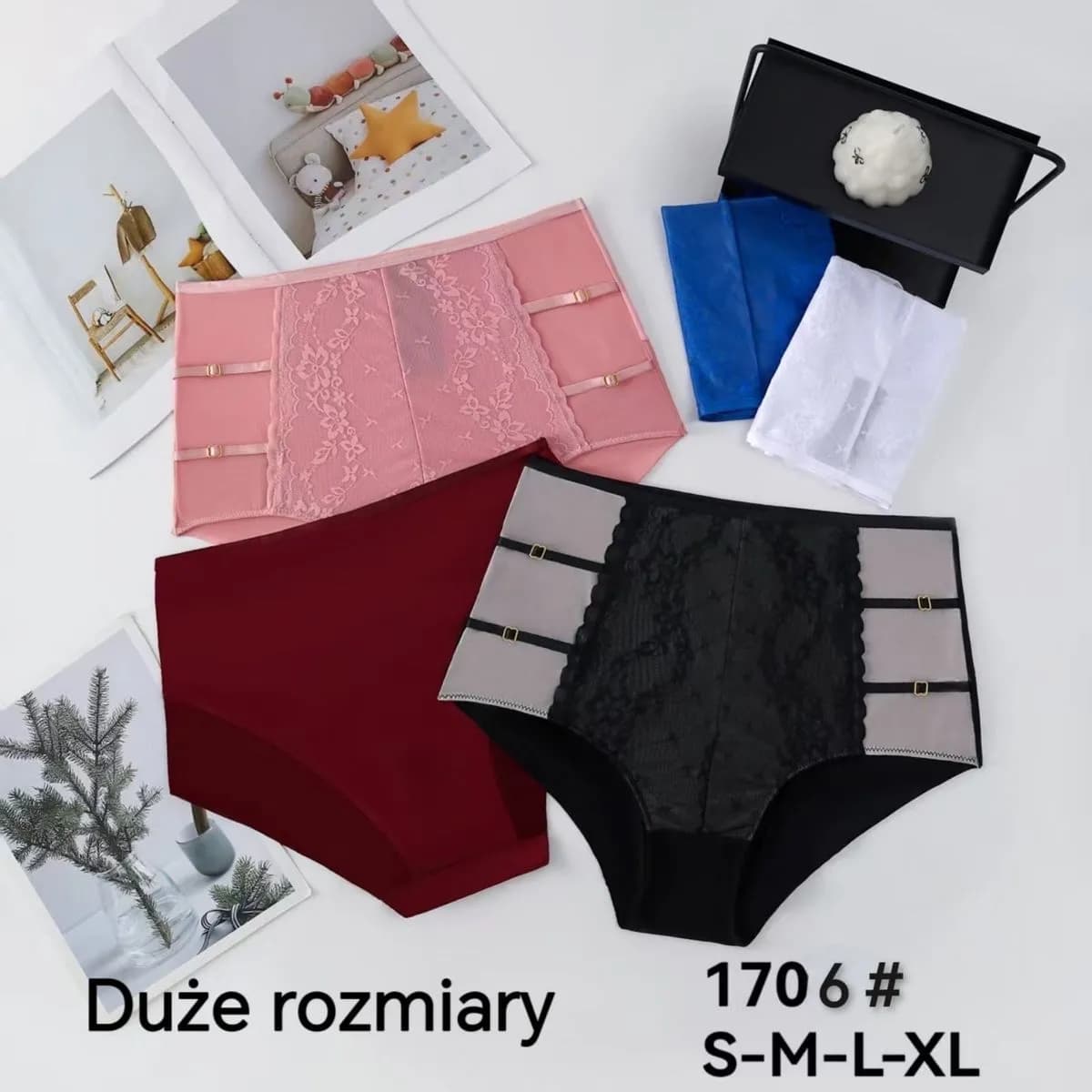 Majtki damskie duże rozmiary S-M-L-XL 1706# różowe/czarne/bordowe