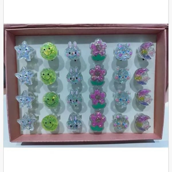 Biżuteria dla Dzieci - Zestaw 24 szt. Brokatowe Pierścionki Mix Wzorów