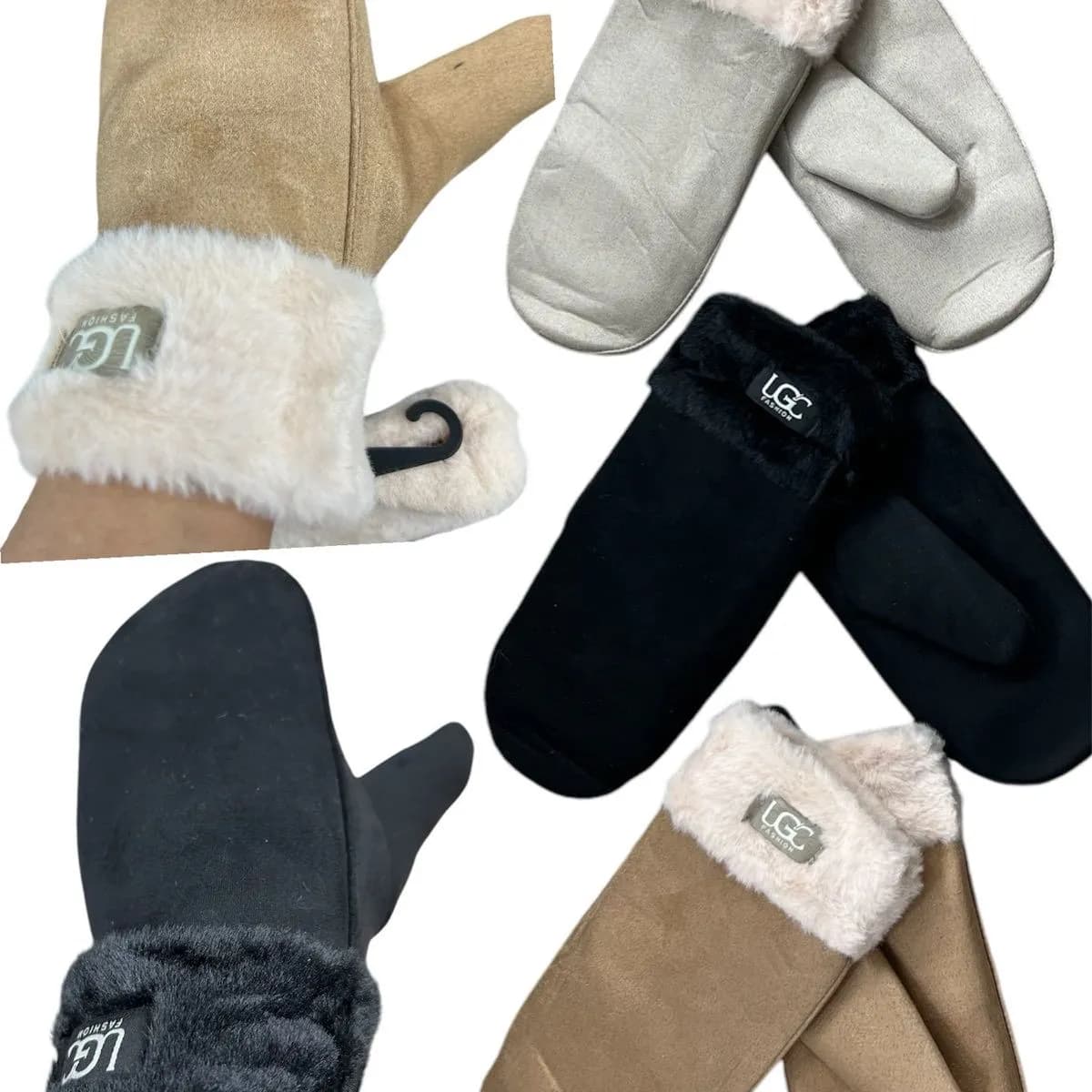 Rękawiczki damskie zamszowe UGG styl, beżowe/czarne/szare