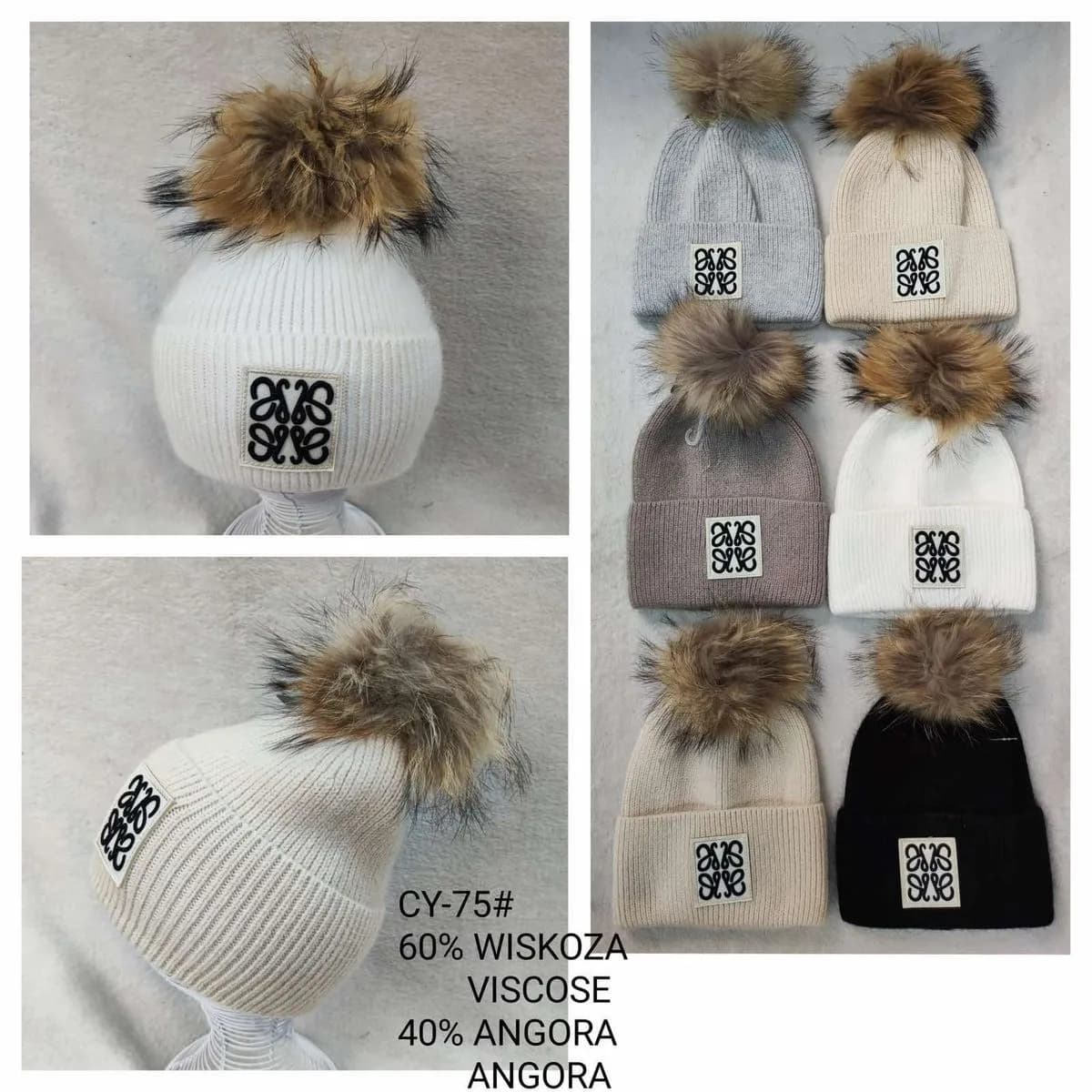 Czapki damskie z pomponem 60% wiskoza 40% angora
