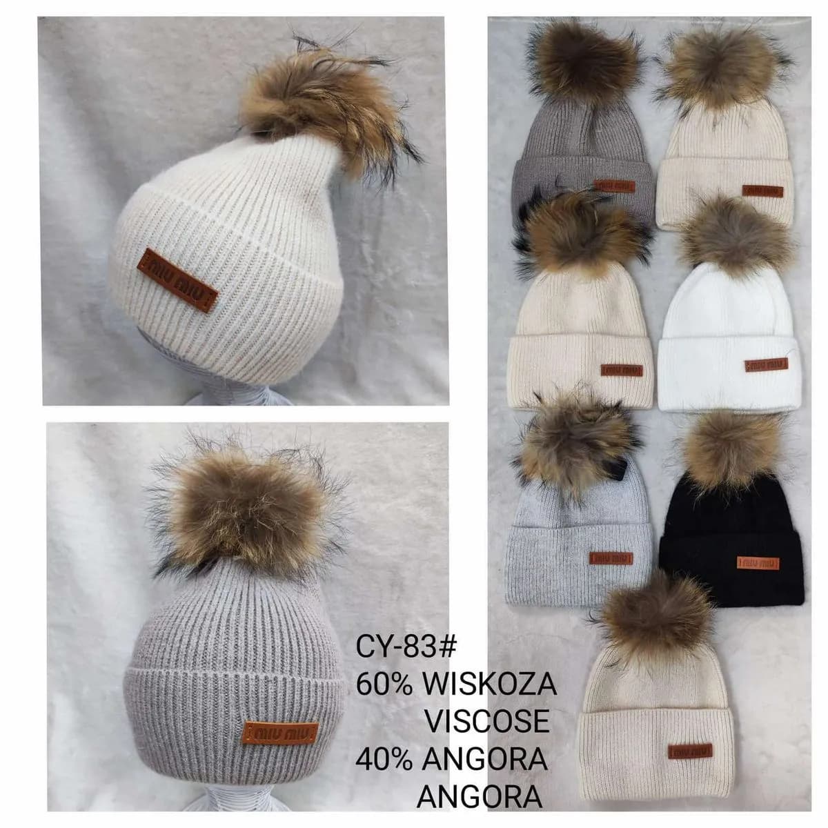 Czapki damskie z pomponem CY-83 60% wiskoza 40% angora