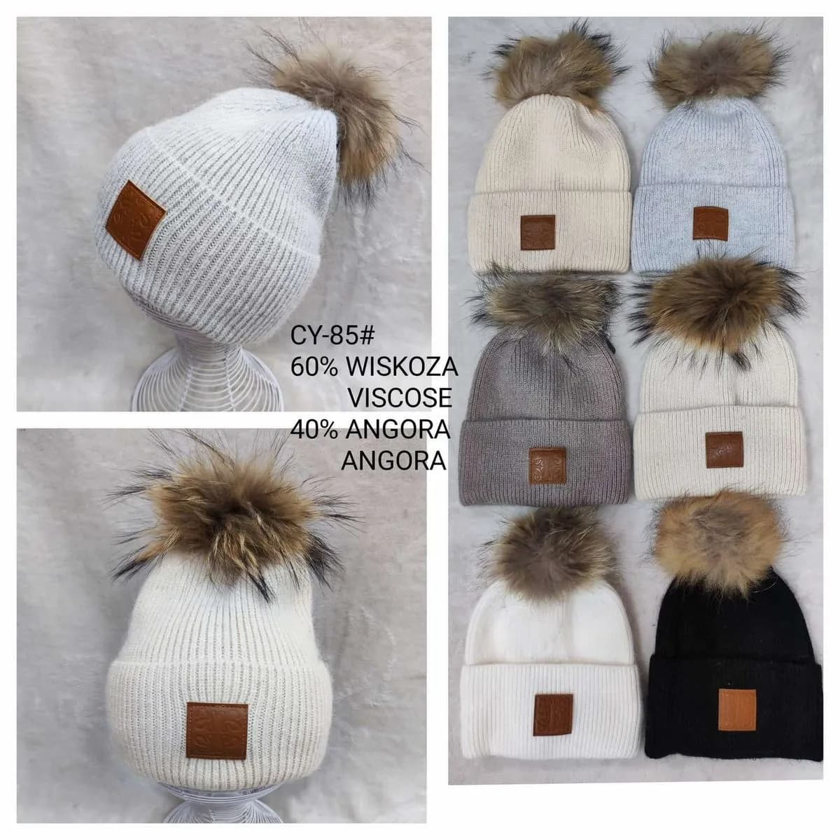 Czapki damskie z pomponem 60% wiskoza 40% angora