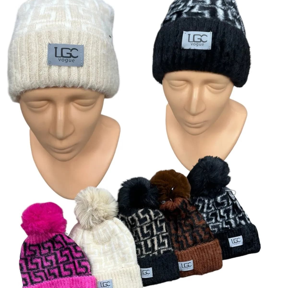 Czapki damskie z pomponem UGG wzór etniczny 12 szt/op