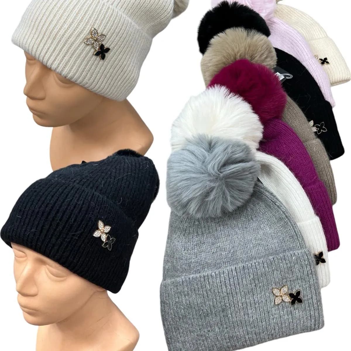 Czapki damskie z pomponem MO021.01 angora viscose