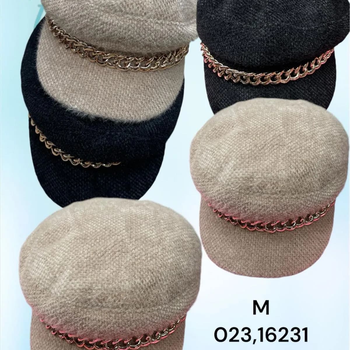 Czapki damskie newsboy beżowa i czarna z łańcuszkiem M