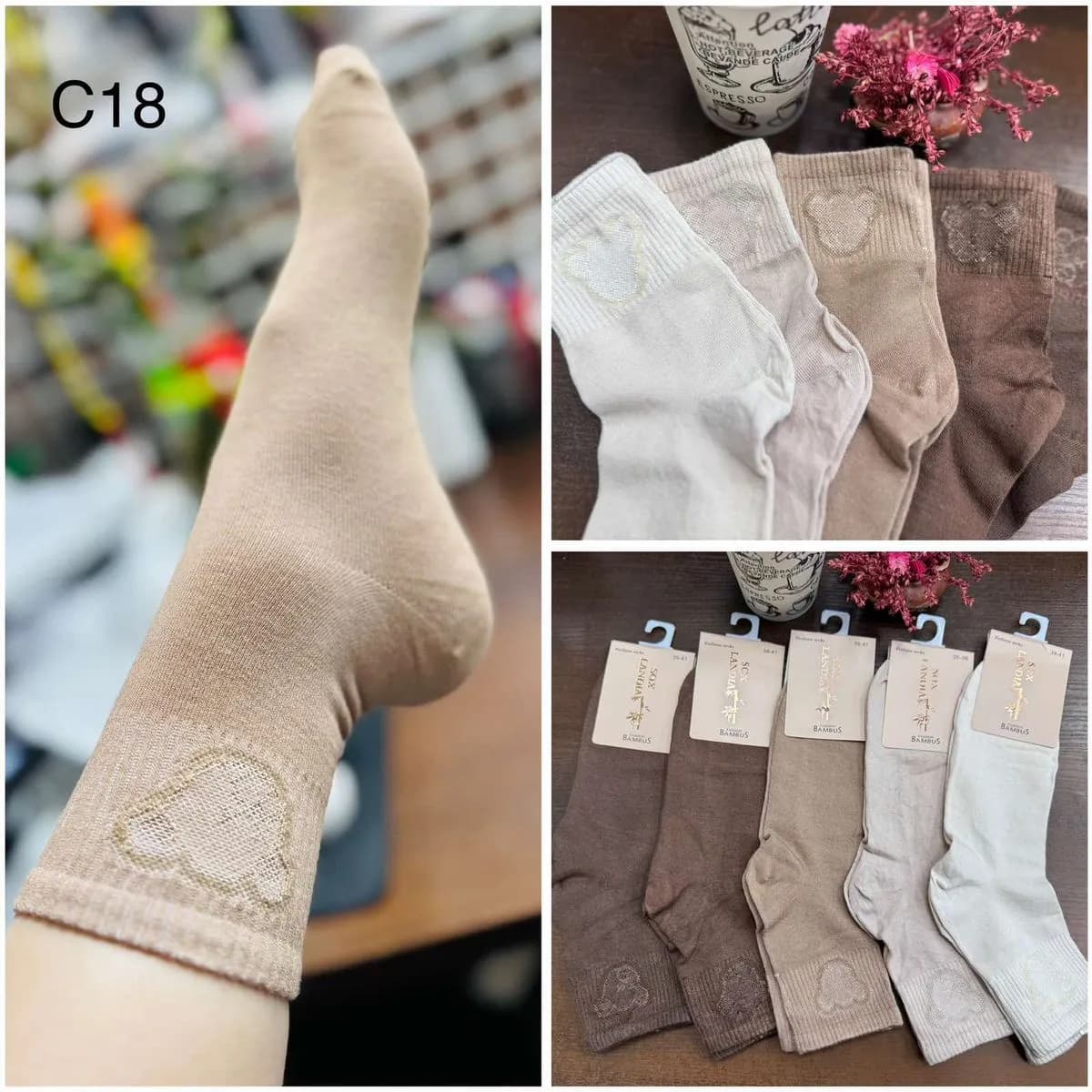 Skarpety damskie beżowe z haftem misia C18