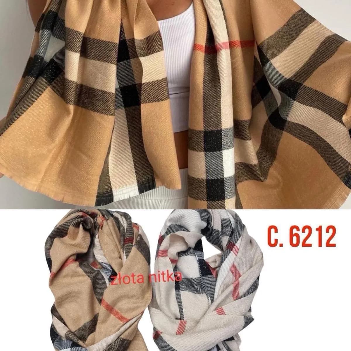 Szaliki damskie w kratę beżowo-czarno-białą C.6212