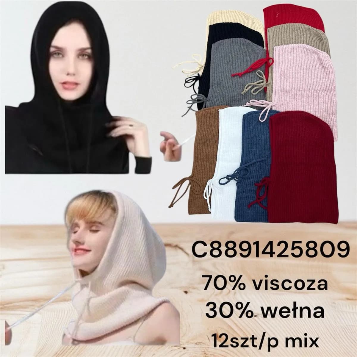 Szale damskie kominiarki 70% wiskoza 30% wełna 12 szt/pak