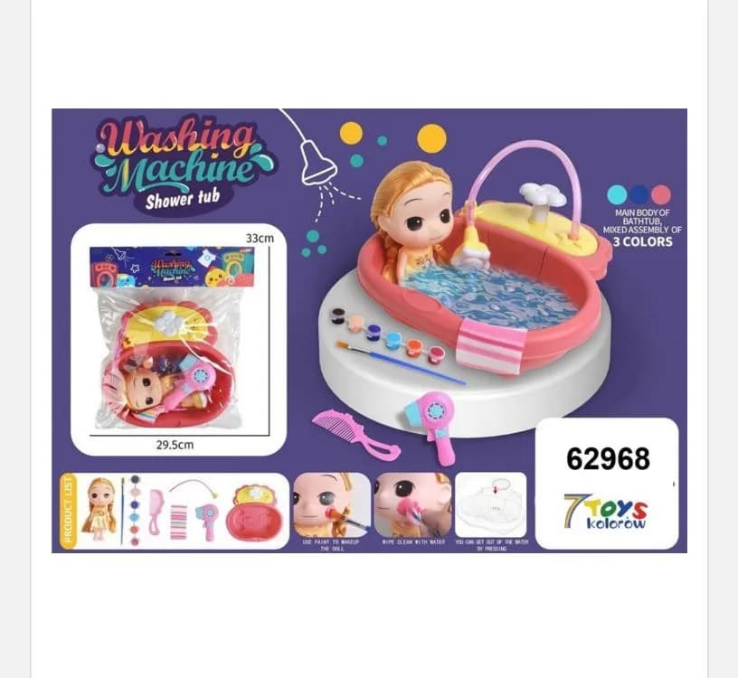 Zabawka Washing Machine Tub Shower z lalką i farbami