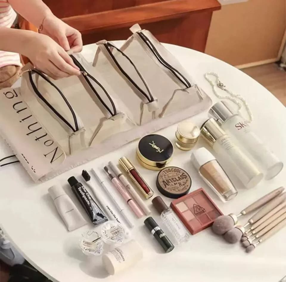 Torebka na Kosmetyki Organizer Rolowany 4w1 Siateczka Beżowa