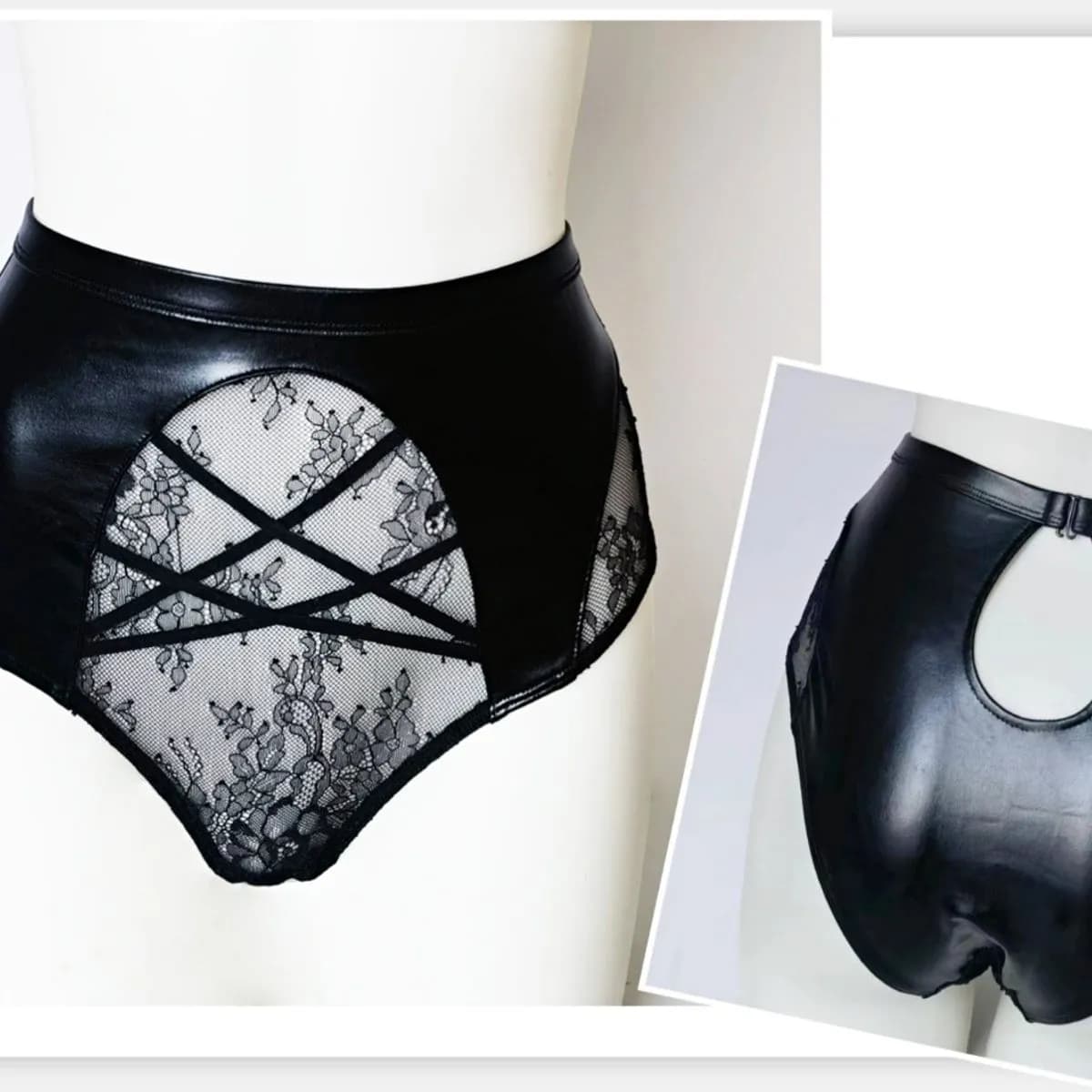 Majtki damskie czarne S.M.L XL z koronką i ekoskórą 6885