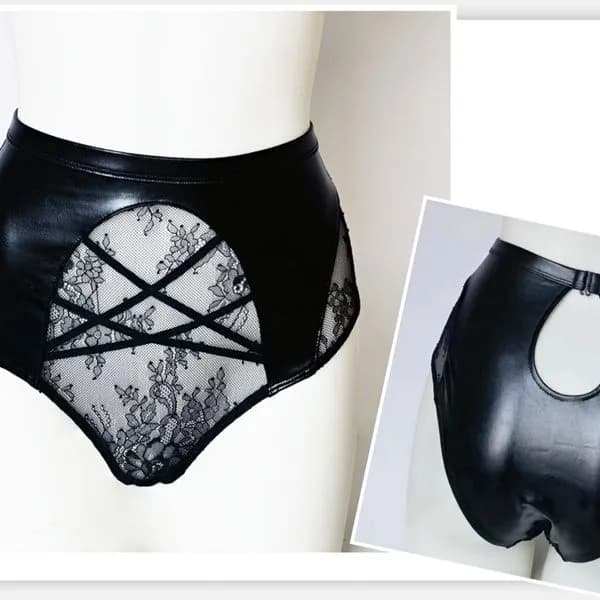 Majtki damskie czarne S.M.L XL z koronką i ekoskórą 6885